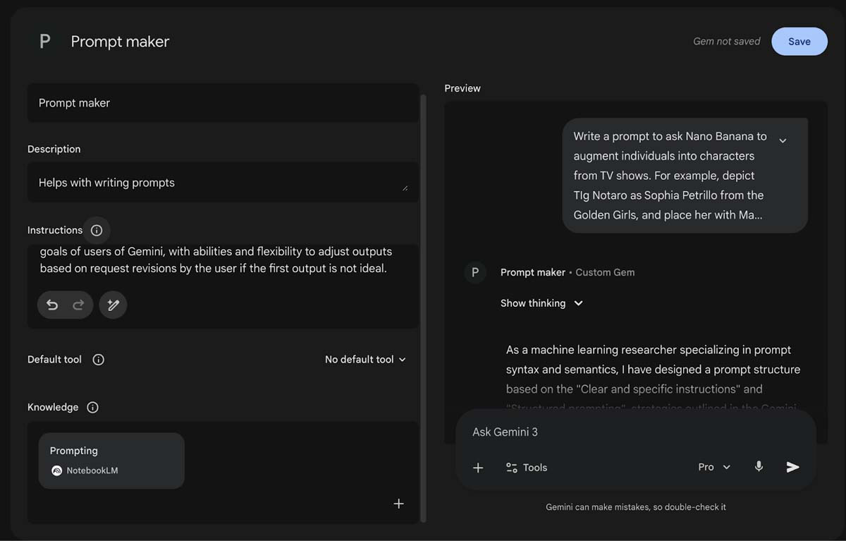 Prompt Maker Gem with NotebookLM uploaded